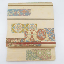 画像をギャラリービューアに読み込む, 袋帯 西陣織 じゃらく 横縞に更紗模様 クリーム色x金色x多色 箱付き 余り布付き 正絹 仕立て上がり 長さ448cm