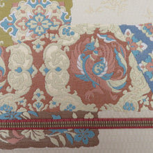 画像をギャラリービューアに読み込む, 袋帯 西陣織 じゃらく 横縞に更紗模様 クリーム色x金色x多色 箱付き 余り布付き 正絹 仕立て上がり 長さ448cm