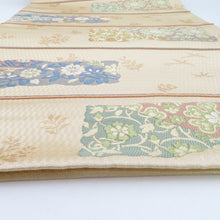 画像をギャラリービューアに読み込む, 袋帯 西陣織 じゃらく 横縞に更紗模様 クリーム色x金色x多色 箱付き 余り布付き 正絹 仕立て上がり 長さ448cm