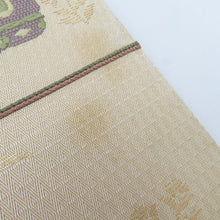 画像をギャラリービューアに読み込む, 袋帯 西陣織 じゃらく 横縞に更紗模様 クリーム色x金色x多色 箱付き 余り布付き 正絹 仕立て上がり 長さ448cm