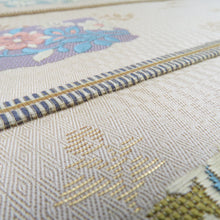 画像をギャラリービューアに読み込む, 袋帯 西陣織 じゃらく 横縞に更紗模様 クリーム色x金色x多色 箱付き 余り布付き 正絹 仕立て上がり 長さ448cm