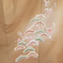 Load image into Gallery viewer, 色留袖 アンティーク 色留袖 袷 バチ衿 薄茶色xクリーム色x緑色x花々模様 刺繍入り 正絹 レトロ 昔着物 身丈156cm