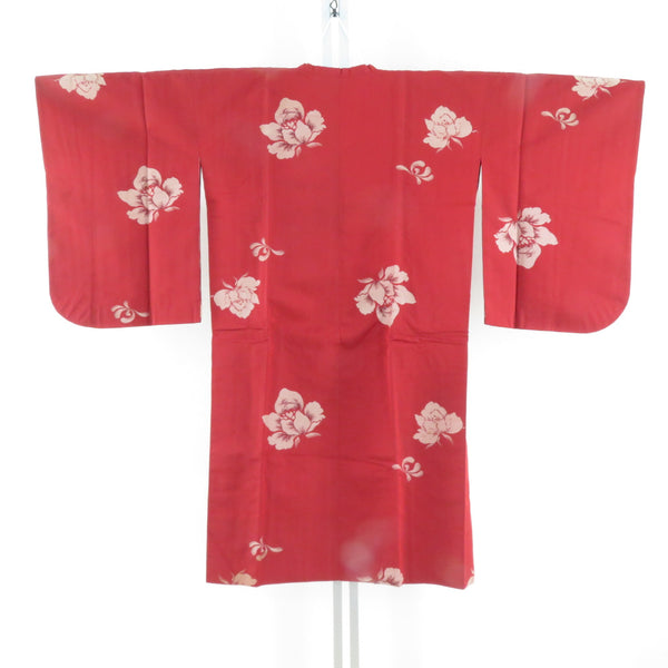 着物コート アンティーク 昔道行 絹 赤色 薔薇模様 レトロ【中古