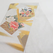 Load image into Gallery viewer, 袋帯 綴れ 金糸銀糸 オシドリに花模様 シルバーxゴールドx多色 お太鼓柄 正絹 仕立て上がり 長さ448cm