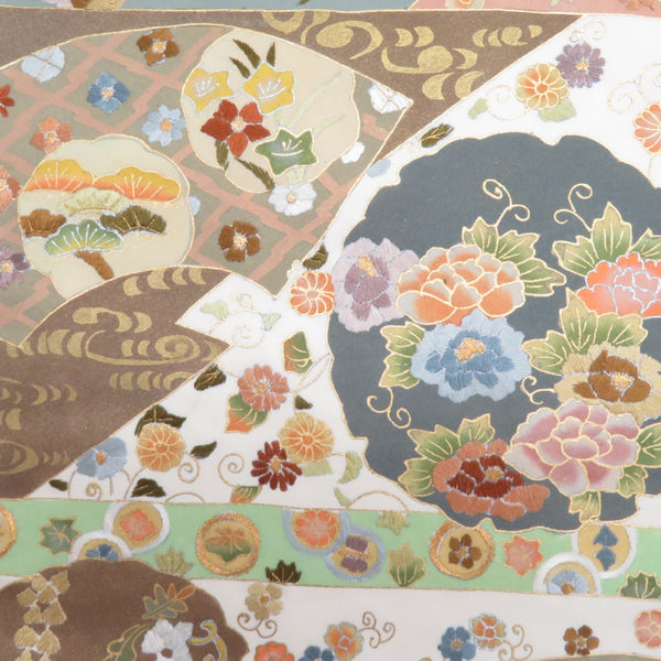 袋帯 雪輪に地紙文 刺繍入り 箔入り 白色x多色 六通柄 正絹 仕立て