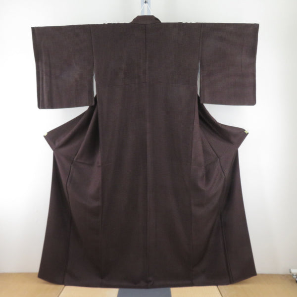 小紋 お召 現代お召 織文様 格子模様 茶色 広衿 正絹 カジュアル着物