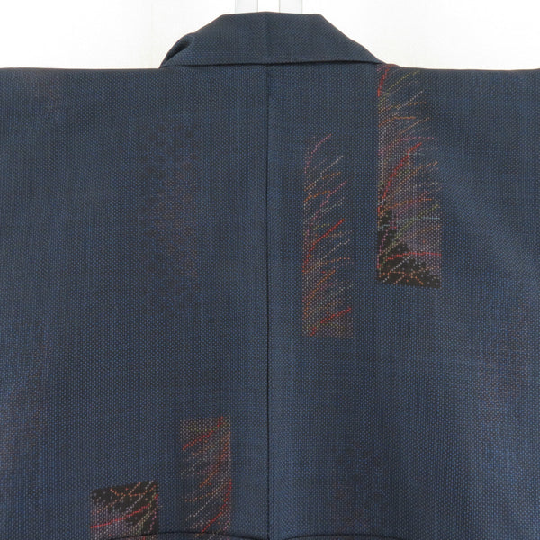 紬 着物 大島紬 ススキ模様 紺色xオレンジ色x多色 袷 広衿 正絹