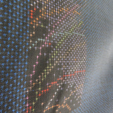 画像をギャラリービューアに読み込む, 紬 着物 大島紬 ススキ模様 紺色xオレンジ色x多色 袷 広衿 正絹 カジュアル 仕立て上がり着物 身丈157cm