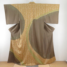 画像をギャラリービューアに読み込む, 訪問着 絞り 刺繍入り 茶色x辛子色 蝶々と流水に萩紋様 一つ紋 パールトーン加工入り 広衿 正絹 仕立て上がり着物 身丈158cm