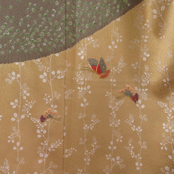 訪問着 絞り 刺繍入り 茶色x辛子色 蝶々と流水に萩紋様 一つ紋 パール 