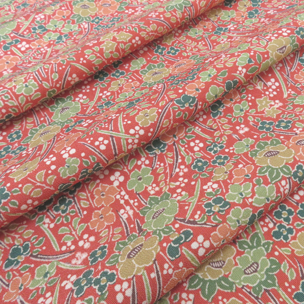 反物 加賀友禅 加賀染小紋 柴田勇作氏作 浜ちりめん 草花柄 朱色系