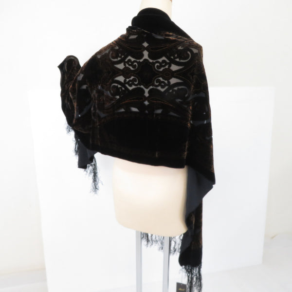 ショール ベルベットショール 更紗模様 黒x茶色 組成ベースシルク100