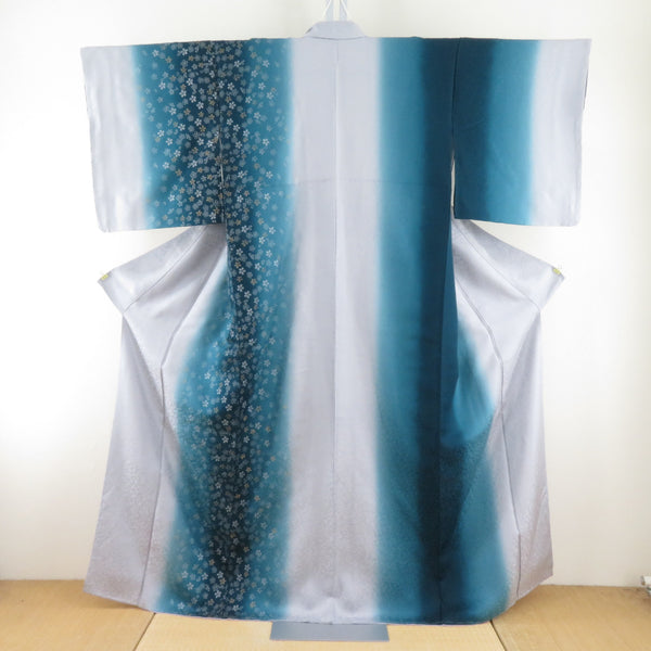 訪問着 ターコイズブルーｘグレー ぼかし染め 小桜模様 箔入り 余り布付き 袷 広衿 正絹 仕立て上がり着物 身丈159cm 【キモノオフ野々市若松店】 訪問着 ターコイズブルーxグレー ぼかし染め 小桜模様 箔入り 余り布