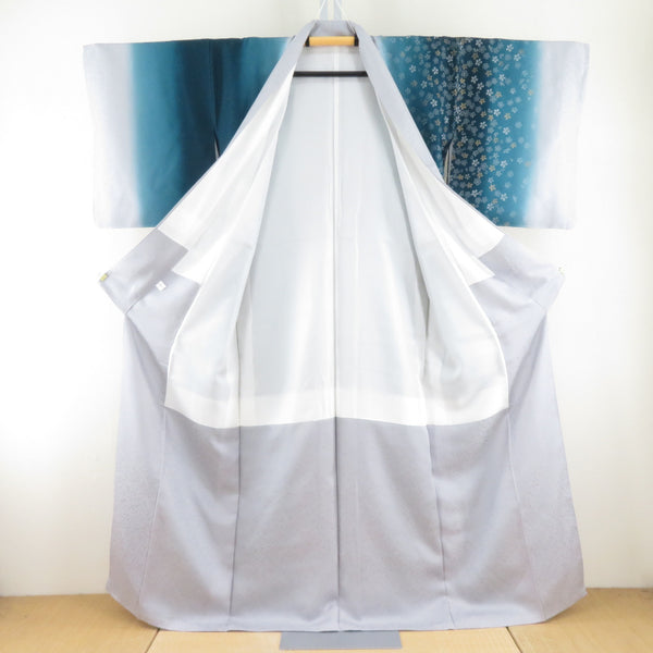 訪問着 ターコイズブルーｘグレー ぼかし染め 小桜模様 箔入り 余り布付き 袷 広衿 正絹 仕立て上がり着物 身丈159cm 【キモノオフ野々市若松店】 訪問着 ターコイズブルーxグレー ぼかし染め 小桜模様 箔入り 余り布