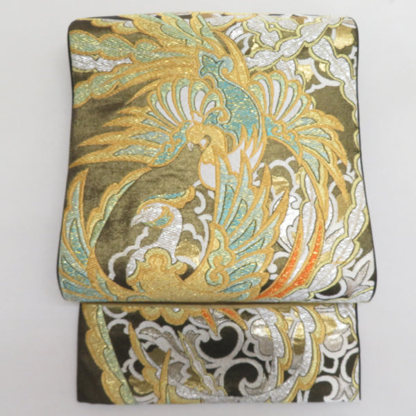 袋帯 振袖用 西陣織 川島織物 鳳凰紋様 茶色x金色x緑色 金糸銀糸