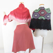 画像をギャラリービューアに読み込む, ショール 3点セット 表絹 レース部分レーヨン  黒xピンクxえんじ色