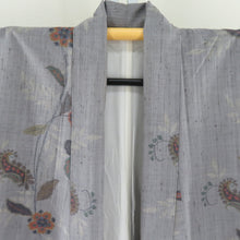 Load image into Gallery viewer, 紬 着物 グレーxオレンジ 花草模様 袷 広衿 正絹 仕立て上がり着物 身丈164cm