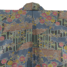 Load image into Gallery viewer, 紬 着物 大島紬 風景模様 黒x紺x多色 袷 広衿 正絹 仕立て上がり着物 身丈159cm
