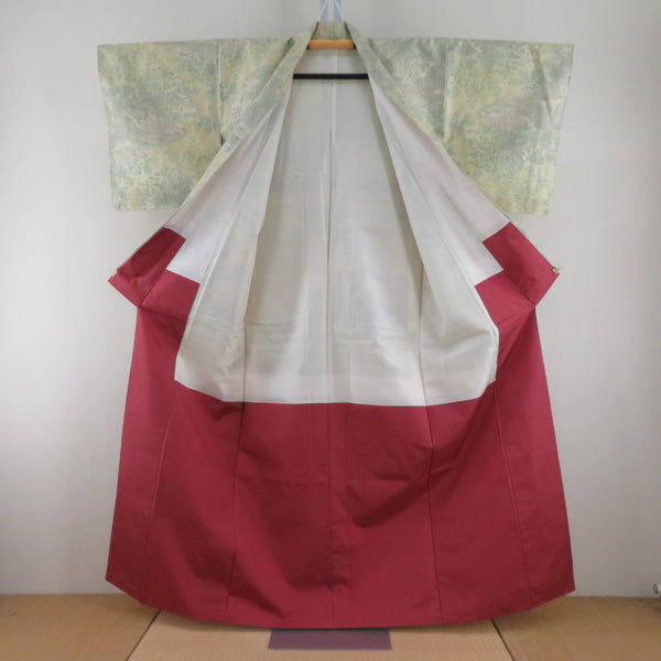 紬 着物 黄色ｘ緑 風景模様 袷 広衿 正絹 仕立て上がり着物 身丈158cm 【キモノオフ野々市若松店】 紬 着物 黄色x緑 風景模様 袷 広衿 正絹 仕立て上がり着物【中古
