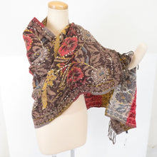画像をギャラリービューアに読み込む, ショール 草花模様 茶色x辛子色x赤色 ポリエステル アクリル
