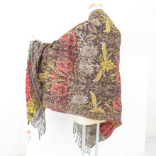 画像をギャラリービューアに読み込む, ショール 草花模様 茶色x辛子色x赤色 ポリエステル アクリル