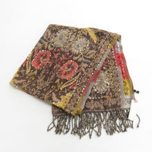 画像をギャラリービューアに読み込む, ショール 草花模様 茶色x辛子色x赤色 ポリエステル アクリル