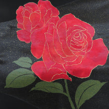 画像をギャラリービューアに読み込む, 名古屋帯 黒x赤x緑 薔薇文様 絹 名古屋仕立て お太鼓柄 仕立て上がり 着物帯 長さ349cm