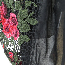 画像をギャラリービューアに読み込む, ショール ポリエステル 薔薇模様 レースショール 黒x赤x緑