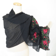 画像をギャラリービューアに読み込む, ショール ポリエステル 薔薇模様 レースショール 黒x赤x緑