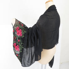 画像をギャラリービューアに読み込む, ショール ポリエステル 薔薇模様 レースショール 黒x赤x緑