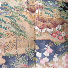Load image into Gallery viewer, 黒留袖 建物風景 作家物 黒色 五つ紋入り 比翼付き 落款入り 正絹 フォーマル 着物生地 浜縮緬 身丈158cm