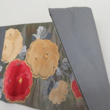 画像をギャラリービューアに読み込む, 袋帯 花文様 グリーンx砂色x赤色 正絹 金糸 仕立て上がり 着物帯 長さ440cm