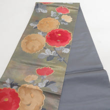 画像をギャラリービューアに読み込む, 袋帯 花文様 グリーンx砂色x赤色 正絹 金糸 仕立て上がり 着物帯 長さ440cm
