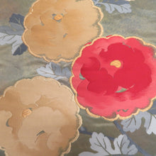 画像をギャラリービューアに読み込む, 袋帯 花文様 グリーンx砂色x赤色 正絹 金糸 仕立て上がり 着物帯 長さ440cm