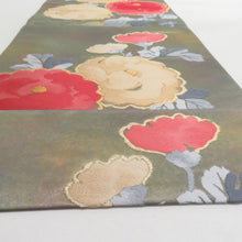 画像をギャラリービューアに読み込む, 袋帯 花文様 グリーンx砂色x赤色 正絹 金糸 仕立て上がり 着物帯 長さ440cm