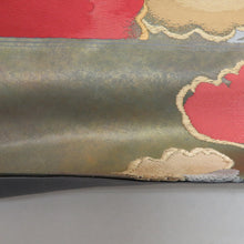 画像をギャラリービューアに読み込む, 袋帯 花文様 グリーンx砂色x赤色 正絹 金糸 仕立て上がり 着物帯 長さ440cm