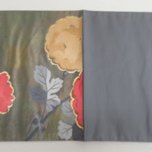 画像をギャラリービューアに読み込む, 袋帯 花文様 グリーンx砂色x赤色 正絹 金糸 仕立て上がり 着物帯 長さ440cm