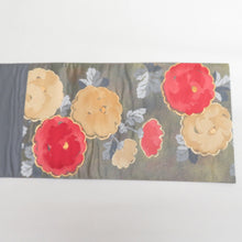 画像をギャラリービューアに読み込む, 袋帯 花文様 グリーンx砂色x赤色 正絹 金糸 仕立て上がり 着物帯 長さ440cm