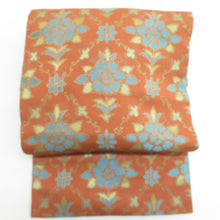 画像をギャラリービューアに読み込む, 名古屋帯 アンティーク帯 昔名古屋帯 赤茶色x青色 花模様 昔帯 レトロ 長さ335cm