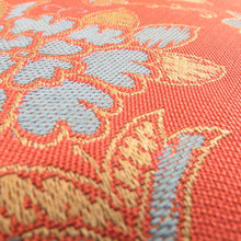 画像をギャラリービューアに読み込む, 名古屋帯 アンティーク帯 昔名古屋帯 赤茶色x青色 花模様 昔帯 レトロ 長さ335cm