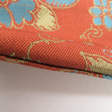 画像をギャラリービューアに読み込む, 名古屋帯 アンティーク帯 昔名古屋帯 赤茶色x青色 花模様 昔帯 レトロ 長さ335cm
