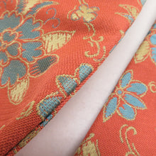 画像をギャラリービューアに読み込む, 名古屋帯 アンティーク帯 昔名古屋帯 赤茶色x青色 花模様 昔帯 レトロ 長さ335cm