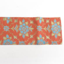 画像をギャラリービューアに読み込む, 名古屋帯 アンティーク帯 昔名古屋帯 赤茶色x青色 花模様 昔帯 レトロ 長さ335cm