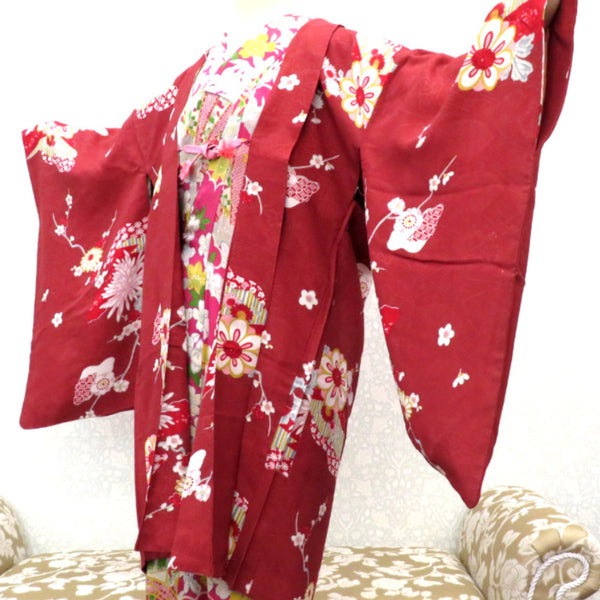 作家もの　メルヘンキモノ　大正ロマン　一点もの　完全姫系　正絹　長羽織　手縫い Japanese Vintage Haori Long MEISEN Red Silk Kimono Gown Robe