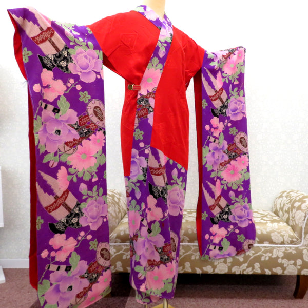 襦袢 昔 長襦袢 アンティーク バチ衿 正絹 紫 多色 和楽器 花々 紅絹