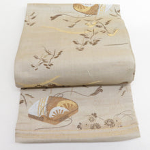 画像をギャラリービューアに読み込む, 丸帯 アンティーク 絹 風景に文箱文様 金糸 薄茶色x茶色xゴールド 全通 仕立上がり レトロ 明治・大正ロマン 昔着物用帯 長さ395cm