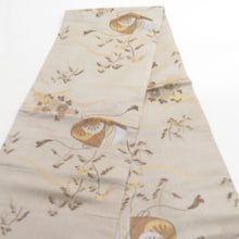 画像をギャラリービューアに読み込む, 丸帯 アンティーク 絹 風景に文箱文様 金糸 薄茶色x茶色xゴールド 全通 仕立上がり レトロ 明治・大正ロマン 昔着物用帯 長さ395cm