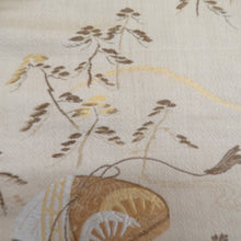 画像をギャラリービューアに読み込む, 丸帯 アンティーク 絹 風景に文箱文様 金糸 薄茶色x茶色xゴールド 全通 仕立上がり レトロ 明治・大正ロマン 昔着物用帯 長さ395cm