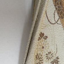 画像をギャラリービューアに読み込む, 丸帯 アンティーク 絹 風景に文箱文様 金糸 薄茶色x茶色xゴールド 全通 仕立上がり レトロ 明治・大正ロマン 昔着物用帯 長さ395cm