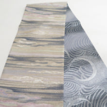 画像をギャラリービューアに読み込む, 袋帯 双全通撚金華山 正絹 モール織り リバーシブル 高級 銀糸 グレーxブルーxシルバーx薄紫色 霞模様x月模様 仕立て上がり 着物帯 長さ464cm